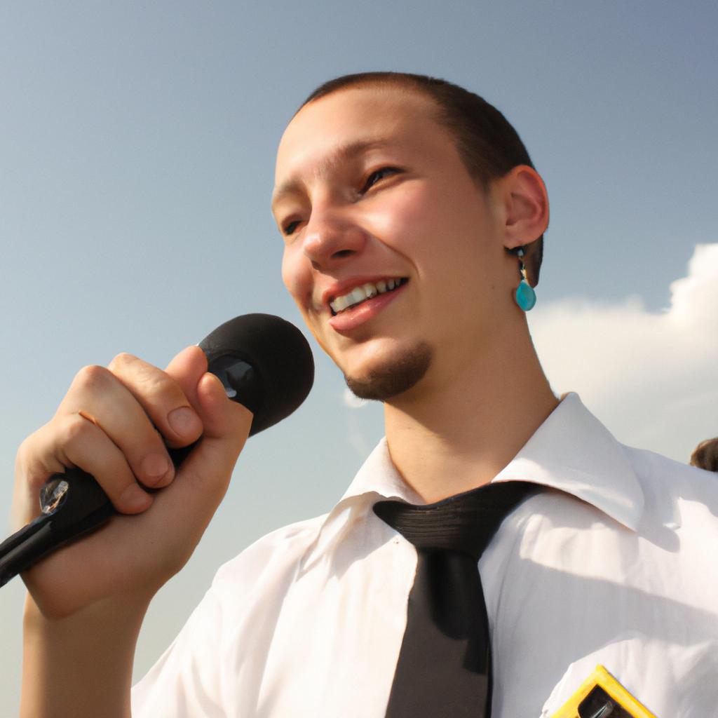 Person speaking into microphone, smiling