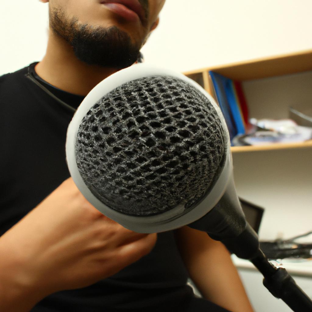 Person speaking into microphone, broadcasting