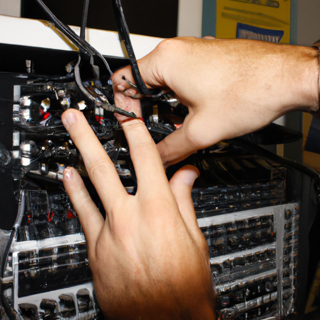 Person adjusting radio broadcasting equipment