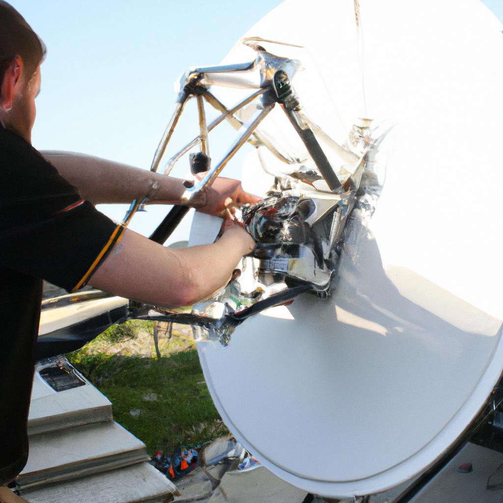 Person operating satellite communication equipment